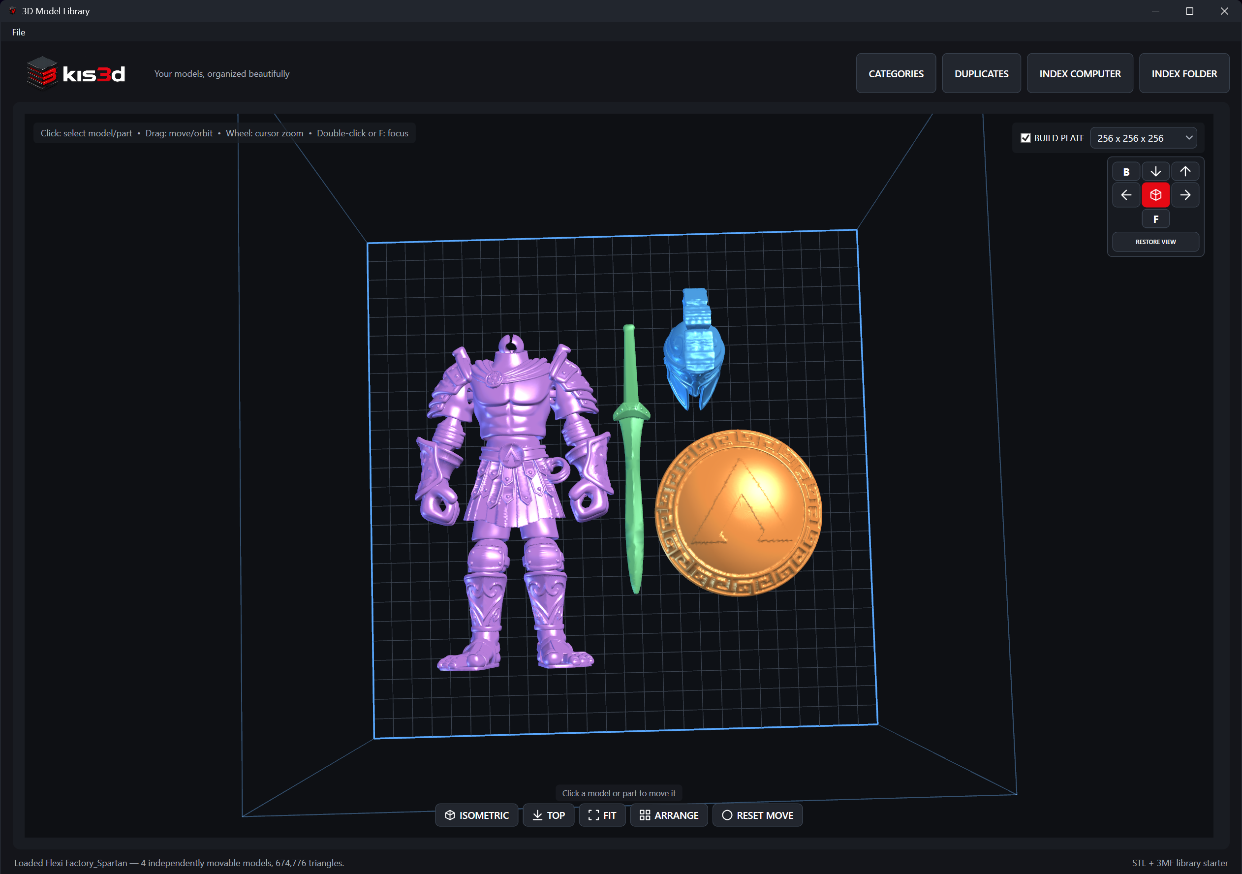 Expanded Kis3d application preview showing the separate parts of a Spartan model arranged on a 3D build plate