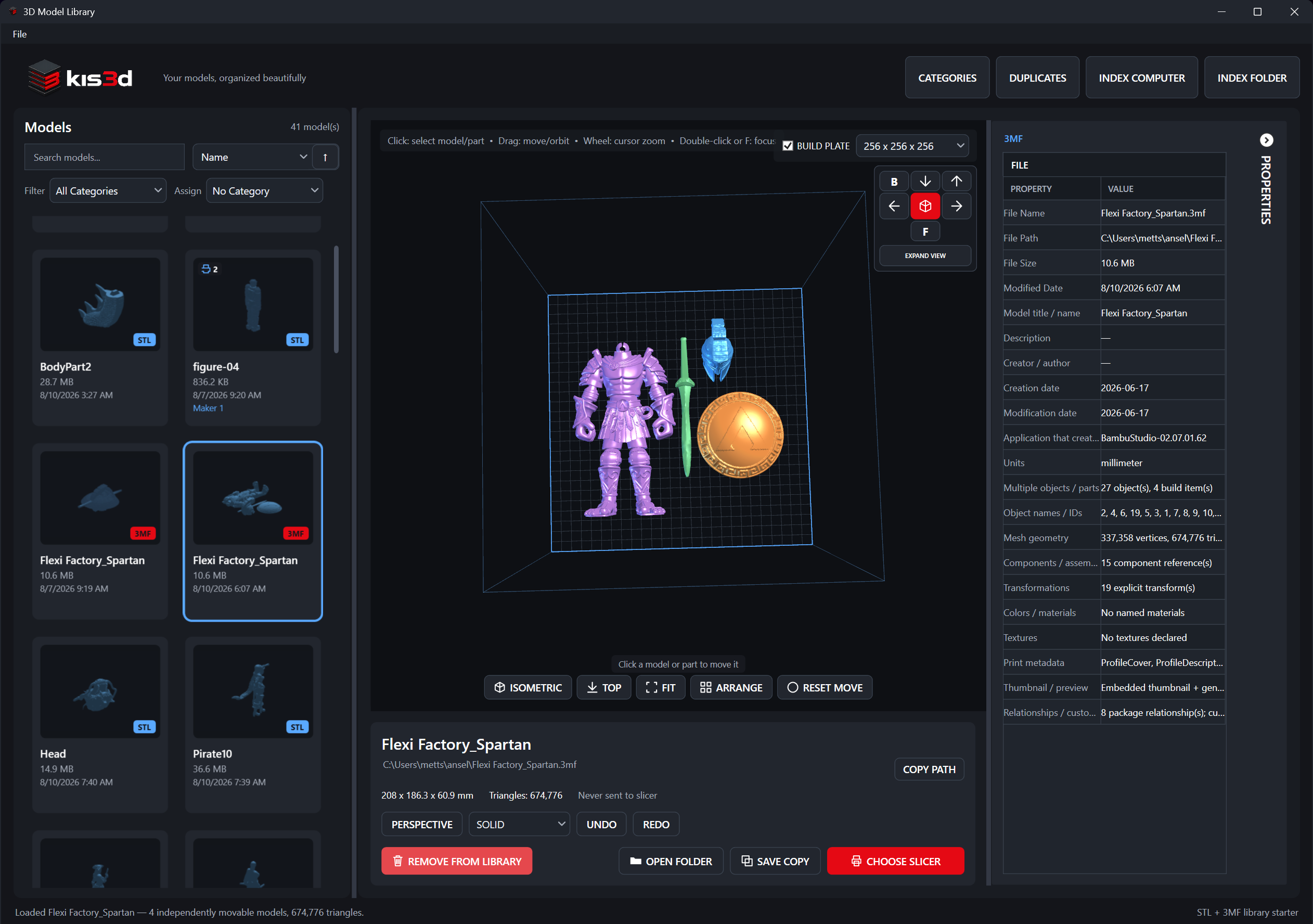 Kis3d desktop application showing a model gallery, a multi-part Spartan model on the 3D build plate, and detailed 3MF properties